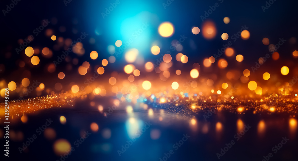 Leinwandbilder Golden bokeh lights softly illuminate a dark blue backdrop, creating a dreamy and magical atmosphere with a festive and elegant touch.