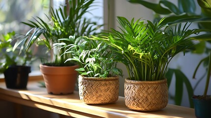 Several potted plants are sitting indoors near a bright window