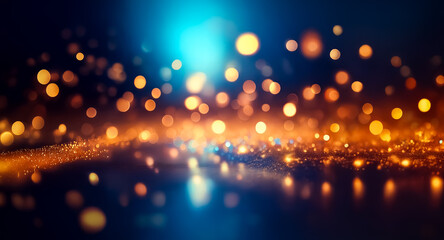 Obraz premium Golden bokeh lights softly illuminate a dark blue backdrop, creating a dreamy and magical atmosphere with a festive and elegant touch.