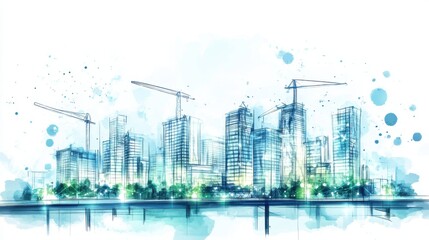 Obraz premium A vibrant watercolor scene of a bustling city under construction, capturing the essence of urban development and progress. Perfect for architects and designers.