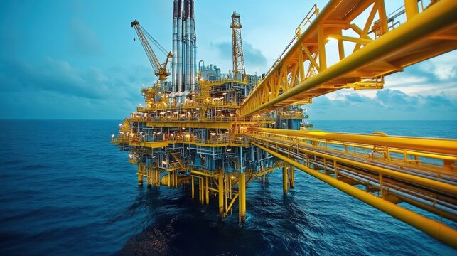Offshore oil platform at dusk with extensive equipment and structures