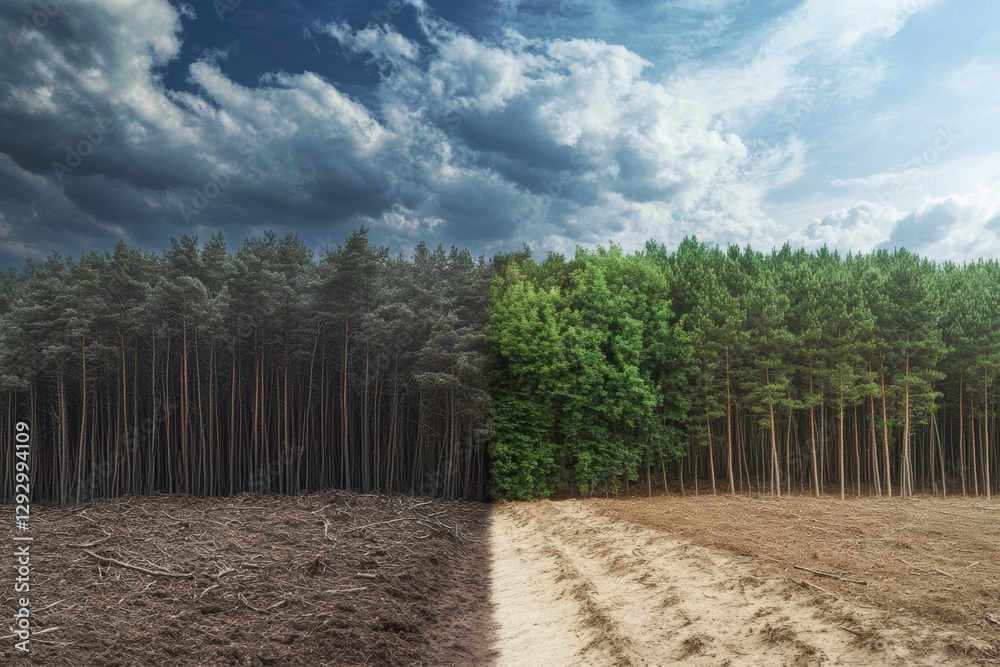 Aufkleber contrasting deforestation and thriving forests depict the urgent need for nature conservation effort