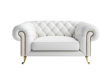 White velvet armchair with golden legs isolated on transparent background