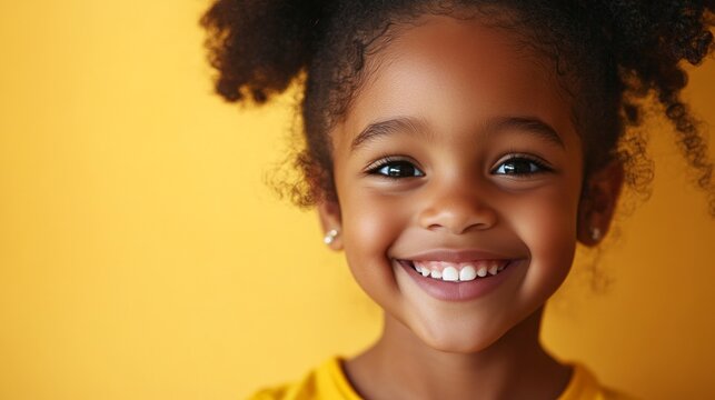 A joyful African-American girl’s bright smile radiates warmth and happiness.