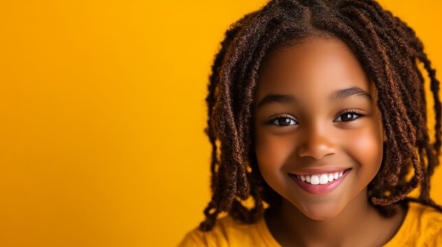A joyful African-American girl’s bright smile radiates warmth and happiness.