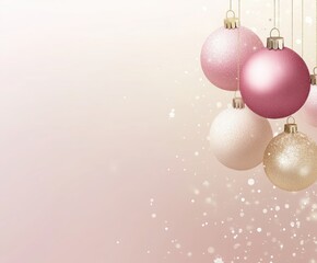 Fototapeta premium Festive Ornaments: Hanging from delicate strings, the soft-hued spherical ornaments are set against a blurred gradient background, adding a touch of sparkle with floating particles.