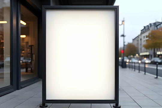 Empty Blank Signboard Display in Urban Street Environment with Modern Architecture and Soft Evening Lighting