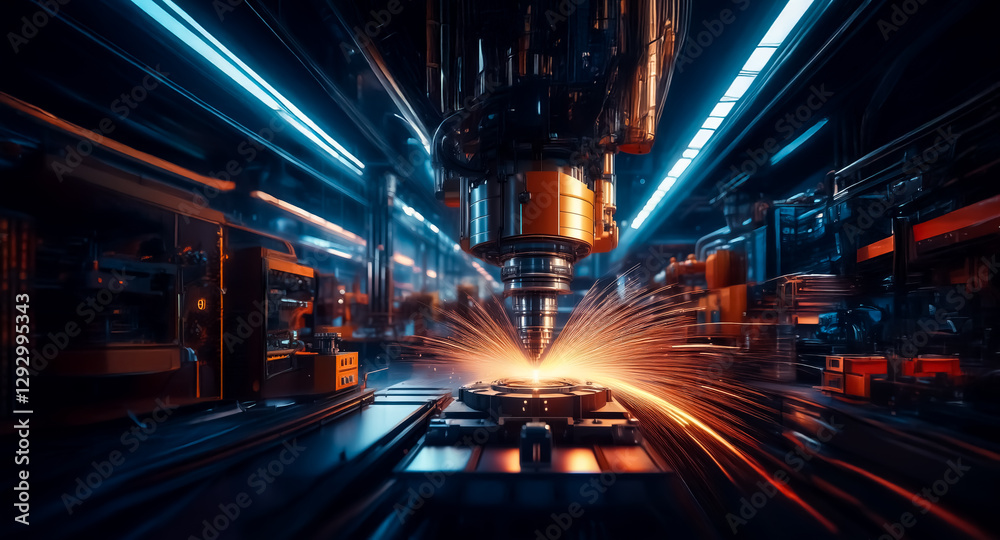 Leinwandbilder automated machine in a factory setting precisely works on metal, producing bright sparks, illuminate