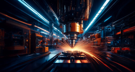 Automated machine in a factory setting precisely works on metal, producing bright sparks, illuminated by blue and orange lights in a dark industrial environment.