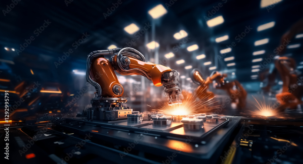 Leinwandbilder automated robotic arms are welding with bright sparks in a modern factory setting, demonstrating ind