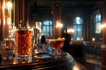 Elegant cocktails on a dark wooden bar with warm lighting creating a sophisticated ambiance