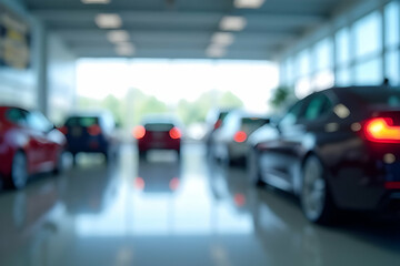 Blurred View of Modern Automobile Showroom with Various Vehicles Displayed and Bright Lighting in Background
