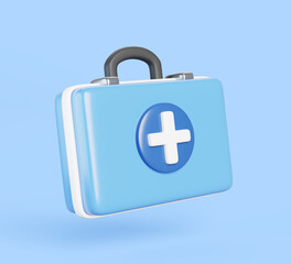 3d first aid kit, home or car medicine cabinet. Closed medical chest box, pills and drug storage container. Emergency or hospital bag isolated on blue background. Cartoon render icon. 3D illustration