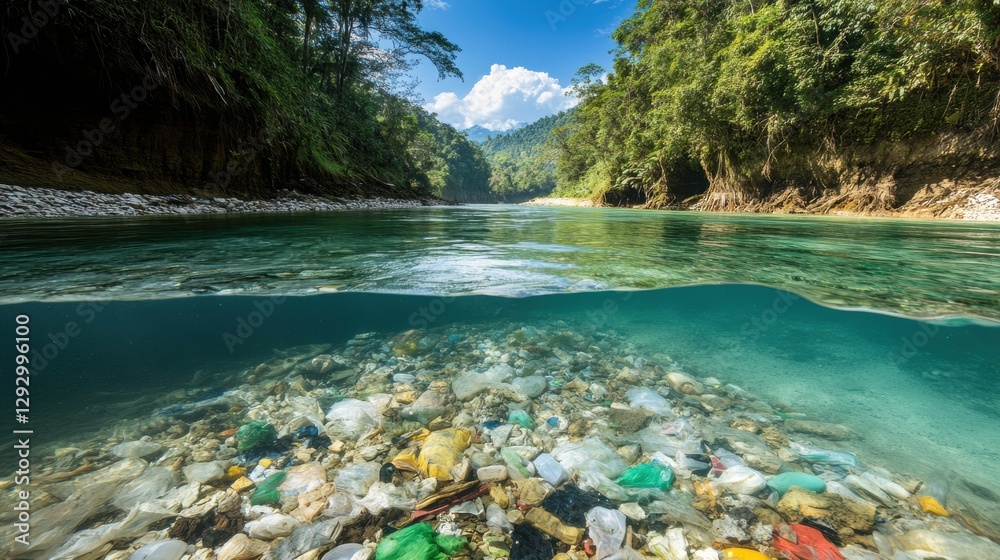 Poster polluted river juxtaposed with a clear stream highlighting the stark contrast in environmental healt
