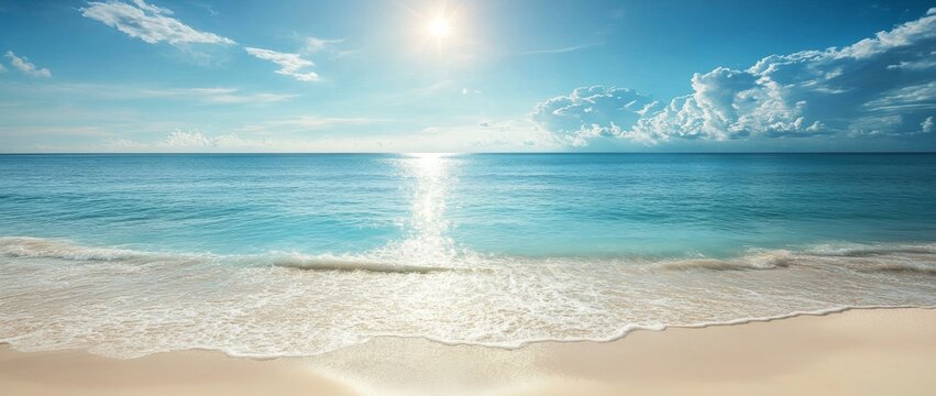 The Mediterranean beach boasts a breathtaking panoramic view of waves crashing against the shore under a sunny blue sky with clouds
