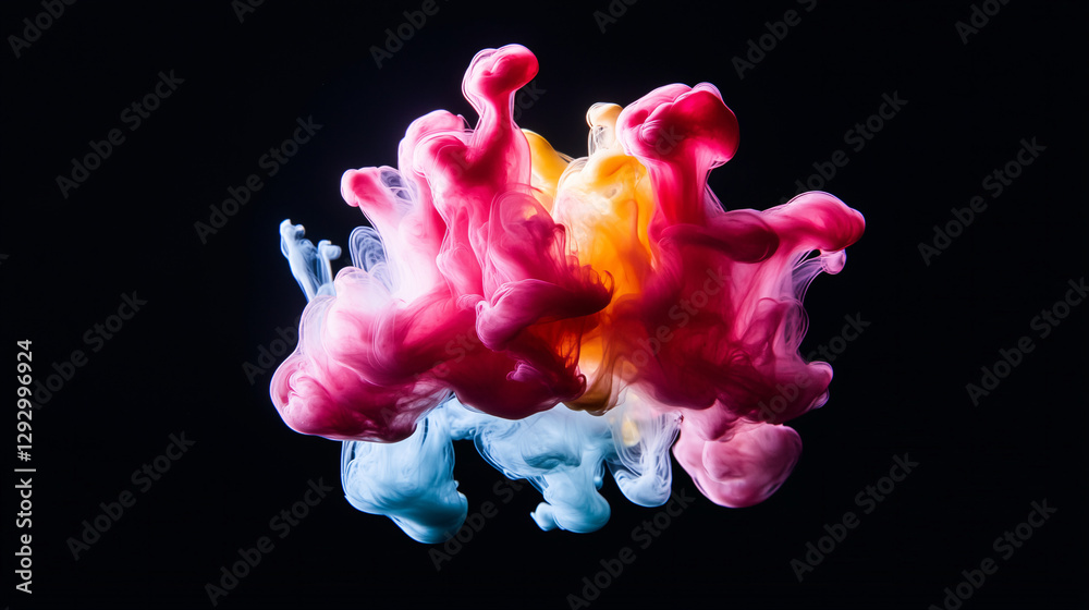 Poster vibrant ink cloud: a captivating display of colorful ink swirling and mixing, creating an abstract a