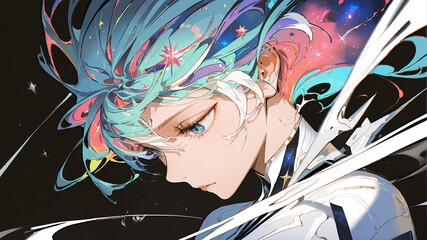 Naklejka premium Muticolored hair anime girl art illustration