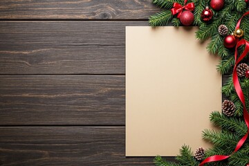 Christmas-themed wooden background with festive decor and blank paper.