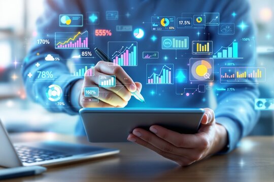 Businessperson analyzing digital charts and statistics on a tablet.
