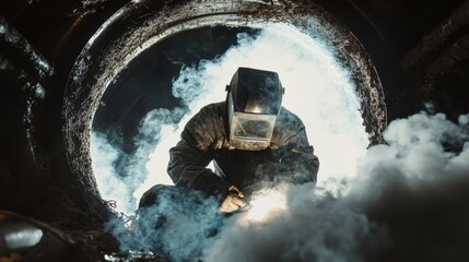 Welder Working in Confined Space with Smoke and Bright Light Effect