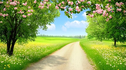 Naklejka premium Countryside Path with Blooming Trees and Flowers