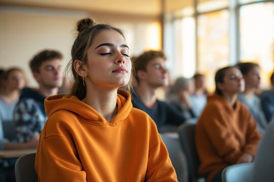 Young woman meditating in classroom with serene expression, surrounded by students in soft daylight background. Concept of mindfulness.