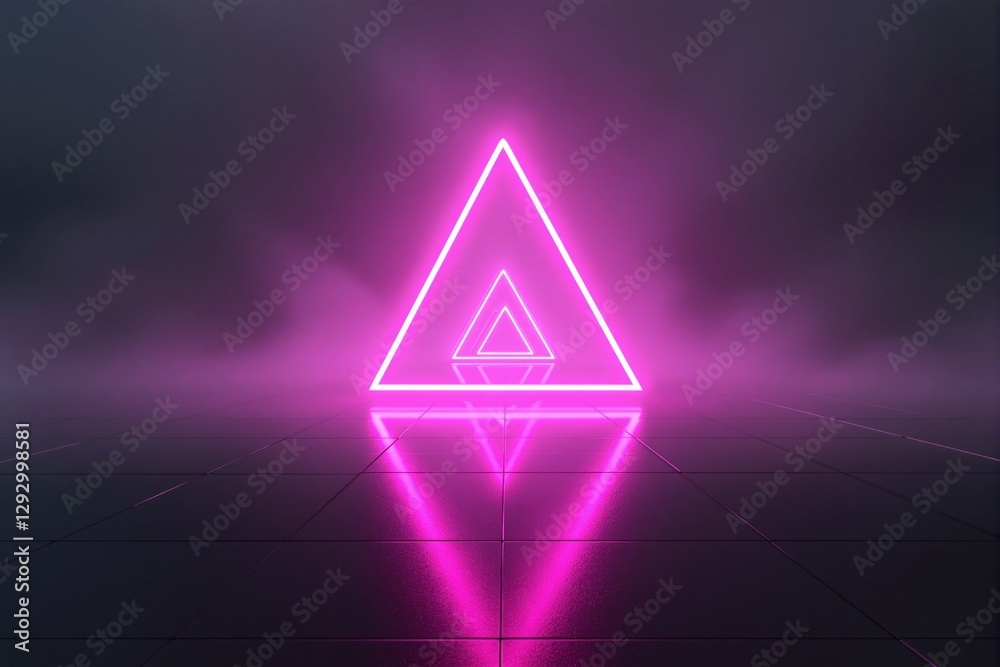 Poster neon pink triangular light glowing on reflective tiled surface in a dark, misty background.