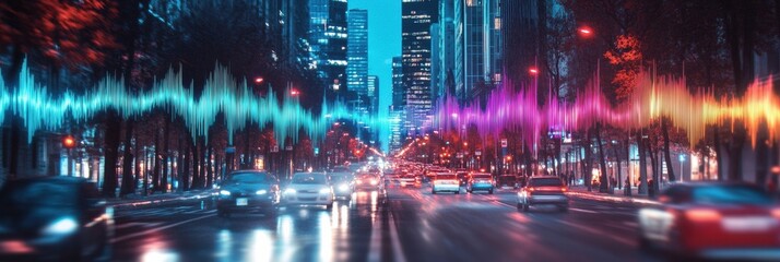Urban road bustling with traffic and abstract sound waves visualized above at twilight. Generative AI