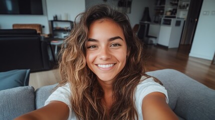 Naklejka premium Attractive young housewife relaxes on a sofa, smiling at the camera as she takes a selfie, surrounded by bright and cozy home interiors.