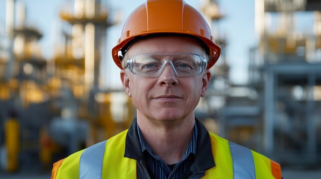 Confident engineer in safety gear, embodying professionalism and resilience in industrial expertise.