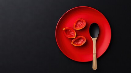   A red plate holds three pieces of fruit and a spoon with remaining fruit
