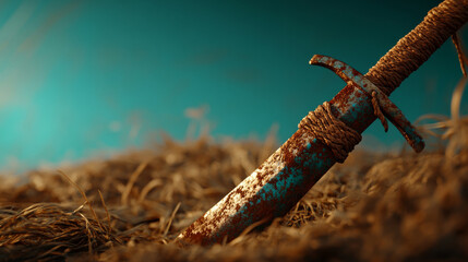 Fototapeta premium weathered sword rests in dry grass, showcasing its rusted blade and wrapped handle, evoking sense of history and adventure