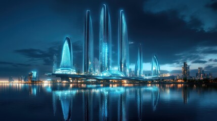 Futuristic city skyline at night, reflecting on calm water; architectural design concept