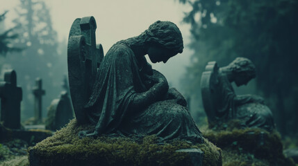 serene cemetery scene featuring somber statues of mourning figures, surrounded by mist and greenery, evokes sense of tranquility and reflection