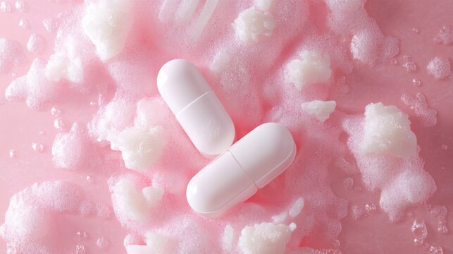 White Capsules on Pink Background with Foam and Bubbles