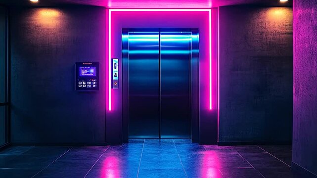 Neon Lit Elevator in Modern Building