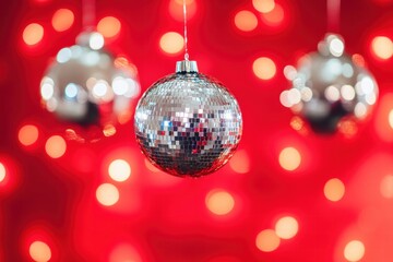 Obraz premium Glistening disco balls reflect light beautifully, creating a mesmerizing scene of celebration and joy in red tones.