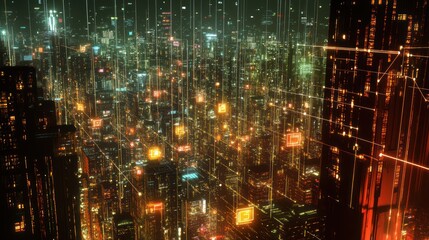 Obraz premium Futuristic city at night, digital data streams, cityscape, technology, website banner