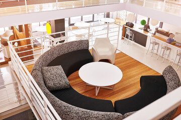 Couch, lounge or office suite with furniture for interior design, decor or creative meeting space...