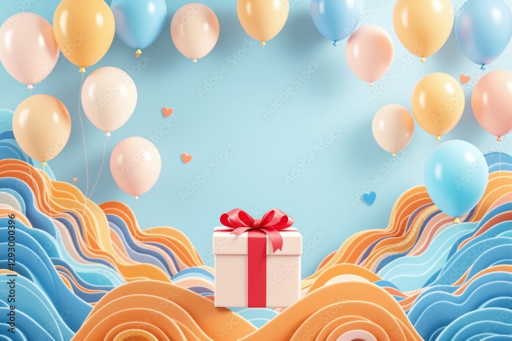 Poster colorful balloons and a gift box with a red ribbon on a creative abstract background.