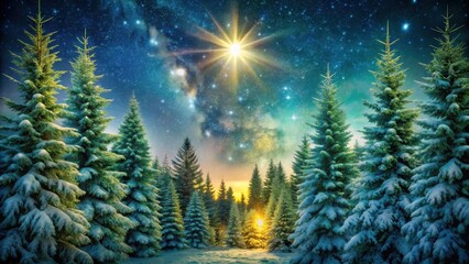 Dense evergreen trees under starry night sky with soft glow of illuminated fir branches, illuminated fir, winter wonderland