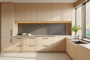 Modern kitchen with wooden cabinets, natural light, and sleek design.