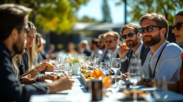 A group of business professionals attending an outdoor lunch during a conference in warm weather. They sit at a long table with refreshments and snacks, networking while enjoying the sunshine.