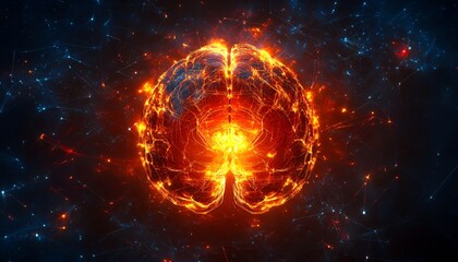 Obraz premium Futuristic Brain with Cosmic Fire, Neural Intelligence, and Energy