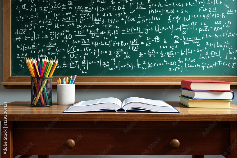 Poster classroom setup with colorful pencils, books, and math equations on blackboard.