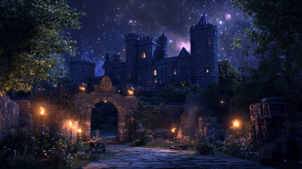Fototapeta premium grand medieval castle stands under starry sky, surrounded by lush greenery and glowing lanterns, creating magical atmosphere