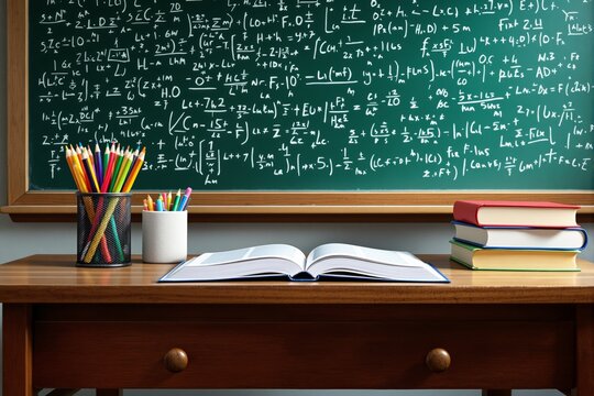 Classroom setup with colorful pencils, books, and math equations on blackboard.