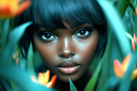 Commercial ad creative. Attractive calm black girl - for ads, drive poster and online marketing promotion use. Short haircut - straight hair. Bold black woman portrait inspiration. Black model.