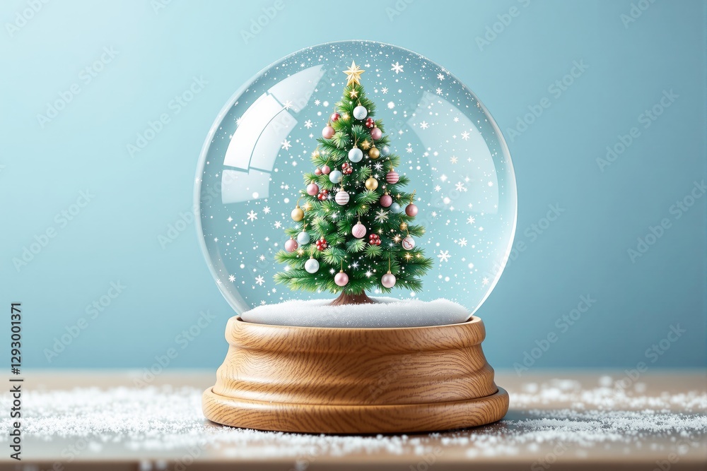 Poster christmas tree inside snow globe on table with light blue background.