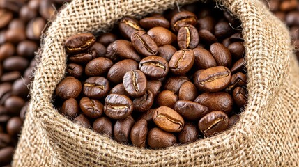 Freshly Roasted Coffee Beans in Rustic Burlap Sack on Natural Background Ideal for Beverage and Culinary Themes
